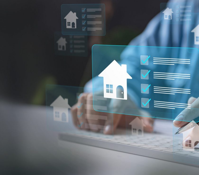 Real estate management concept, User navigating a digital home listings platform in a contemporary workspace, leveraging tools for real estate management, checklist planning, and property evaluations.