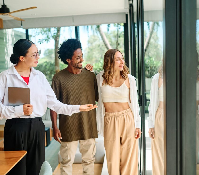 couple house property agent home real estate business buying investment apartment agreement deal client buyer new loan tablet computer technology