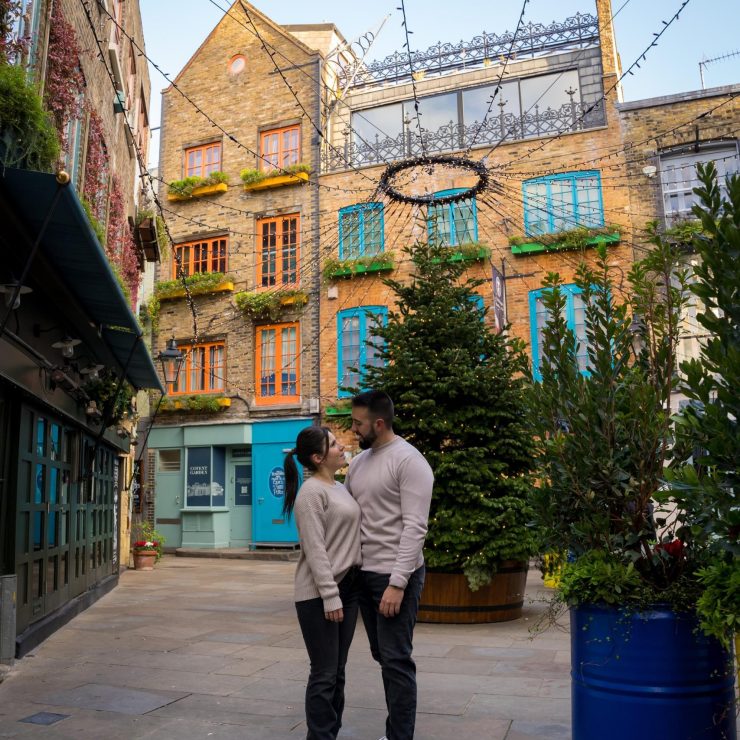 Romantic Couple Standing Together in Neal’s Yard Covent Garden