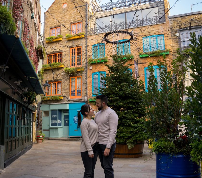 Romantic Couple Standing Together in Neal’s Yard Covent Garden